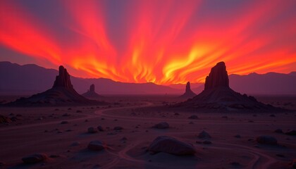 Alien Rocky Landscape with Fiery Aurora