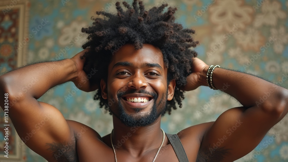 Poster man with a beard and dreadlocks is smiling