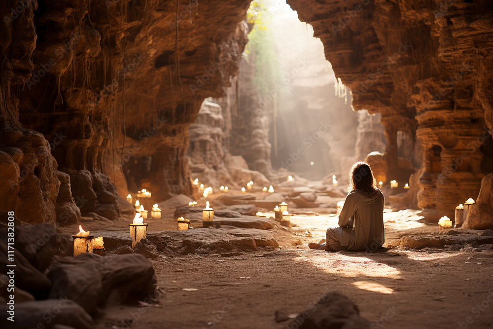 Wall mural cave represents a peaceful and isolated sanctuary with its enduring rock formations serene underground atmosphere and ability to provide a refuge from outside world