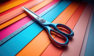 Blue scissors on colorful layered paper.