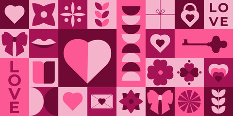 Trendy Valentine's Day Geometric Background. Modern Minimalistic Template for Poster, Banner, Flyer, Cover, Advertisement, Branding, Pattern. Creative Concept with Simple Shapes. Minimalistic Design.