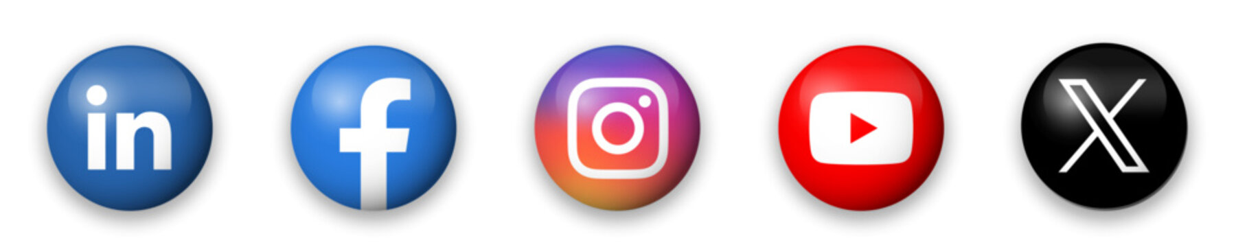 Social media app icon set. LinkedIn, Facebook, Instagram, Youtube and X, former Twitter. Circle glossy button with dropped shadow vector icons.