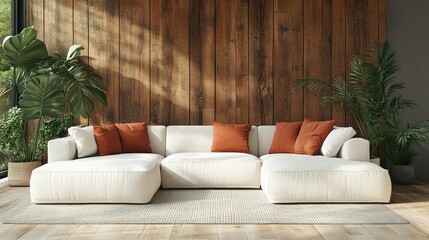 Fototapeta premium Modern living room with white sectional sofa, wooden wall, plants, and sunlight.