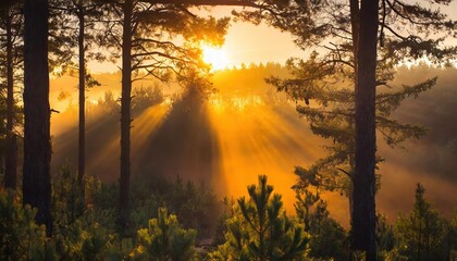 Fototapeta premium Breathtaking Sunrise in the Forest A Serene Moment of Natures Beauty, Illuminating the Trees and Underbrush with Warm Hues, Creating a Peaceful Atmosphere for Reflection and Inspiration