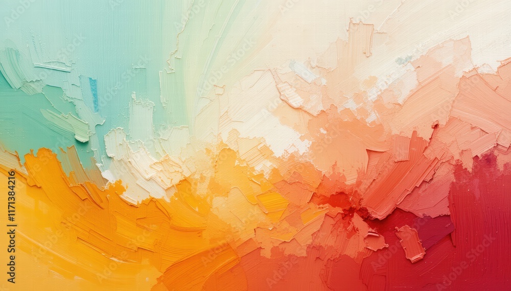 Poster abstract painting featuring vibrant colors splashed across a textured wall, creating a dynamic visua