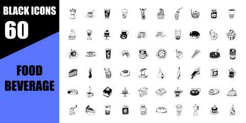 Hand drawn food beverage illustration. Sketch style breakfast, lunch black icons. doodle line art.