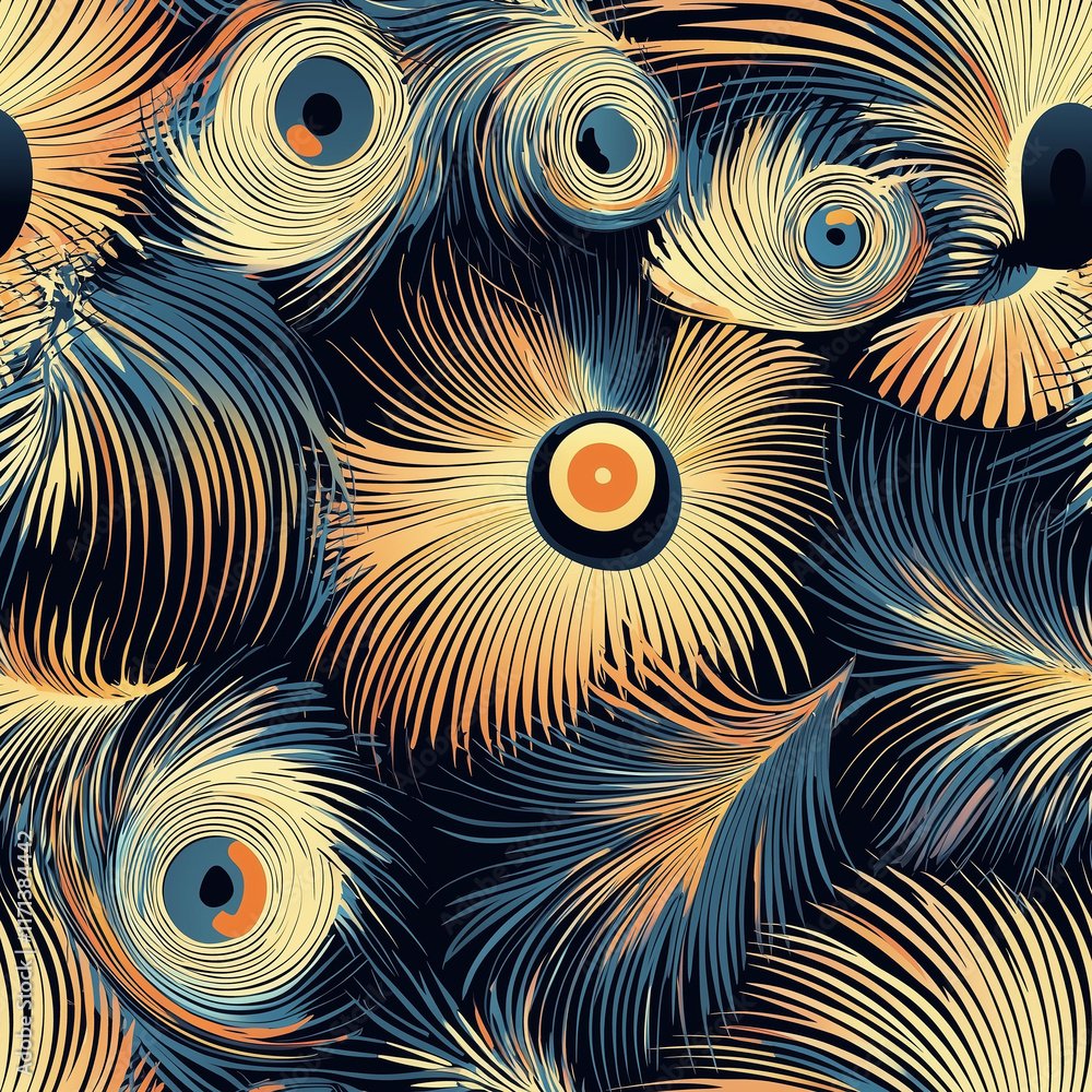 Poster colorful abstract pattern featuring circular shapes with radiating lines and varying depths, creatin