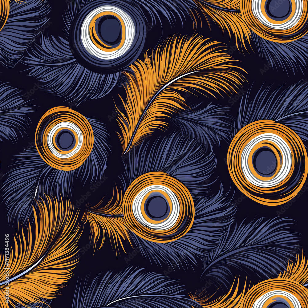 Poster colorful feathers with circular patterns on a dark background create a vibrant and artistic textile 