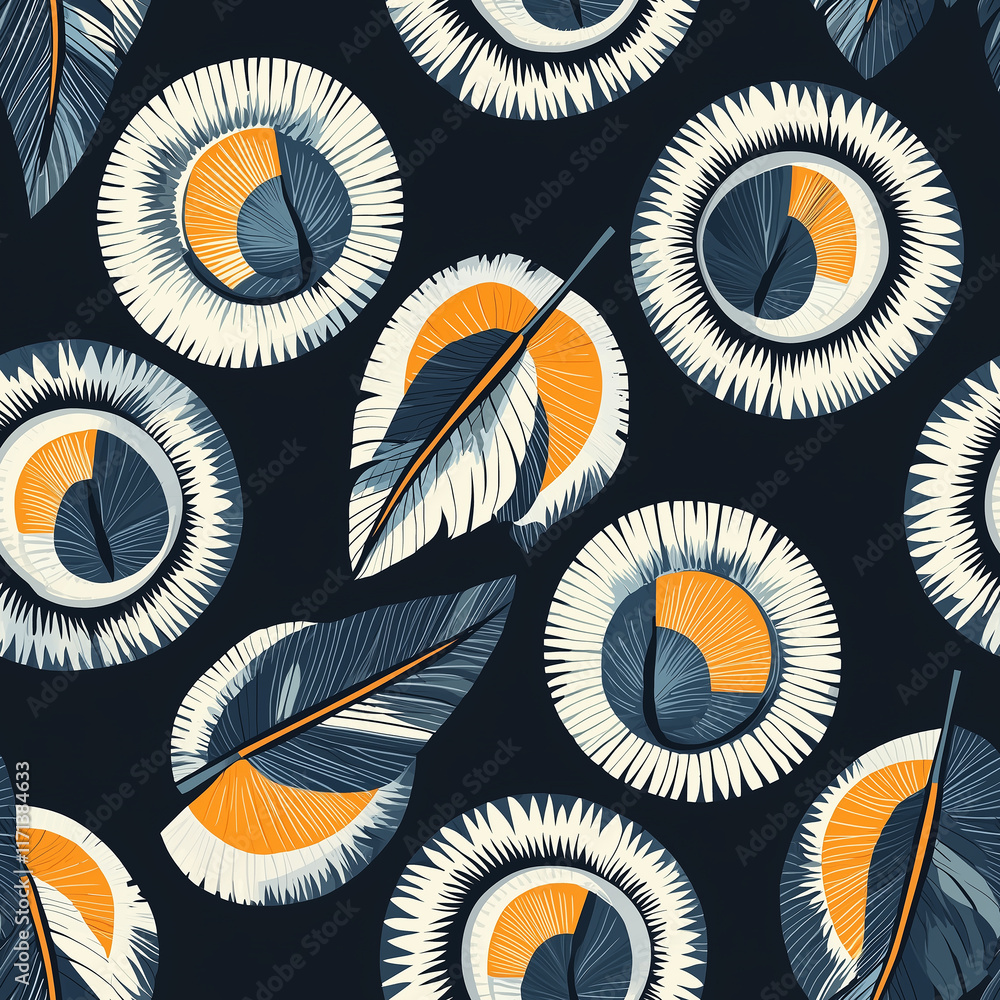 Poster Colorful abstract pattern featuring stylized leaves and circular shapes on a dark background, emphasizing vibrant colors and textures.