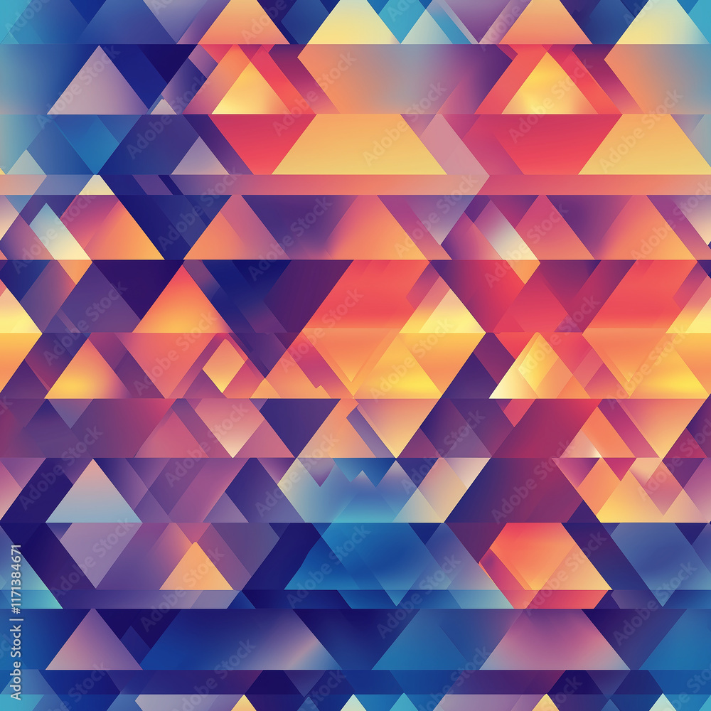 Poster colorful abstract pattern featuring overlapping triangles in vibrant hues of blue, orange, and purpl