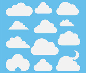 Obraz premium Cloud. Abstract white cloudy set isolated on blue background. Vector illustration