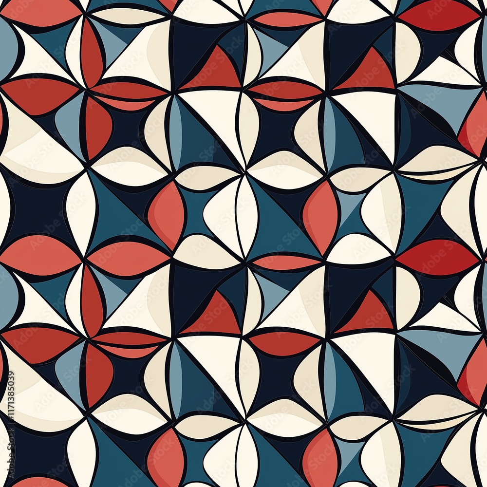 Poster geometric pattern featuring colorful shapes in red, white, blue, and black, creating a visually appe