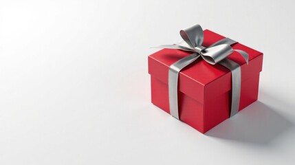 Obraz premium A single red gift box with a silver ribbon bow sits on a white background