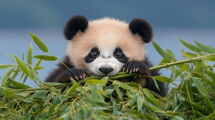 Adorable baby panda cub peeking from bamboo leaves.