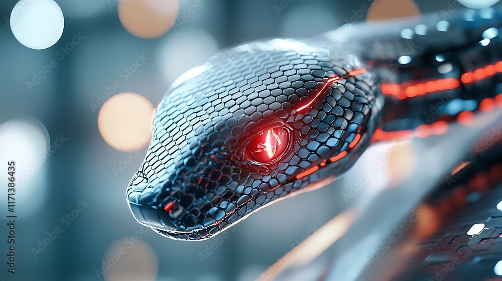 Poster A futuristic and digital rendering showcasing a sleek and advanced cybernetic snake like creature with glowing sharp metallic scales and a futuristic armor design