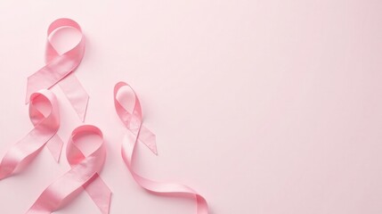 Pink ribbons arranged on a pale pink background, signifying support and awareness