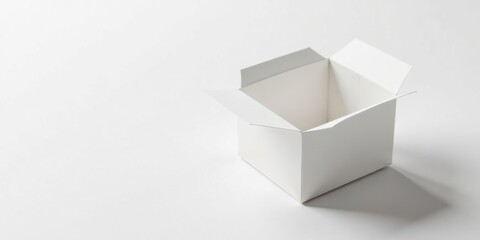 Empty white cardboard box partially open on a white background