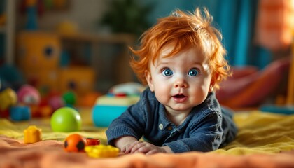 Obraz premium Adorable Redhead Baby Boy with Striking Blue Eyes Playing