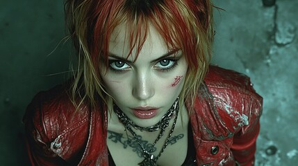 Naklejka premium Close-up portrait of a young woman with red hair, intense gaze, and leather jacket.