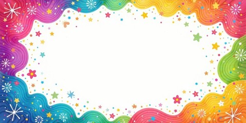Colorful Wavy Rainbow Border with Stars, Flowers, and Confetti for Festive Designs