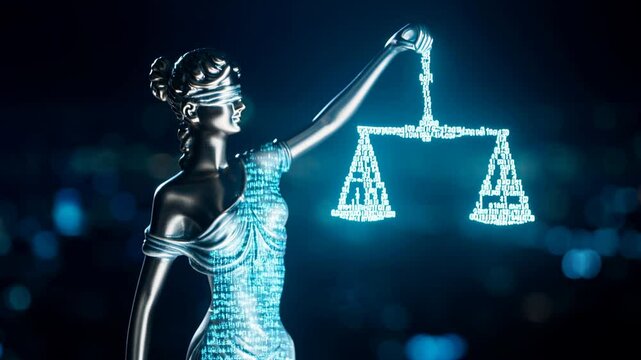Lady Justice holds holographic scales displaying binary code, set against a glowing futuristic cityscape. A metaphor for fairness and ethics in the digital age