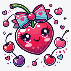 Art Product, Ballet, Ballet Heart cherry with bow in cartoon style. Cute trendy design. Funky illustration