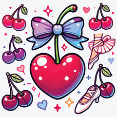 Art Product, Ballet, Ballet Heart cherry with bow in cartoon style. Cute trendy design. Funky illustration