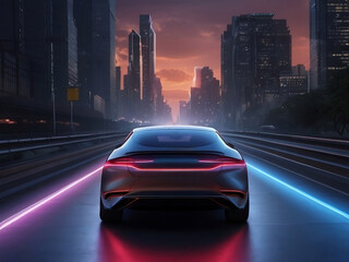 Self-driving car drives on a modern city road, a high-tech highway lined with glowing lane markers, a view of neon-lit skyscrapers