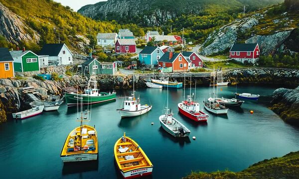 Colorful fishing village harbor with boats and houses nestled in a rocky cove.