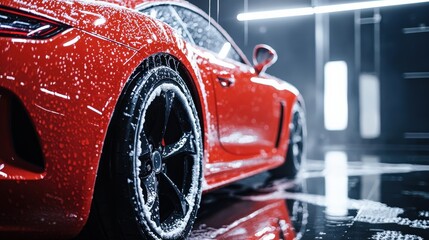 Professional car detailing with shampoo and foam on a red sports car – a cinematic and stylish advertisement showcasing automotive care and maintenance in a sleek garage setting.