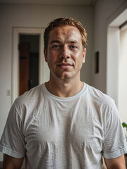 Fototapeta premium Retrato de un hombre joven blanco y apuesto vistiendo una camiseta blanca de algodón