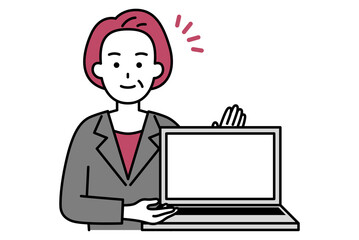 ノートパソコンの画面を見せて説明する中年のスーツの女性