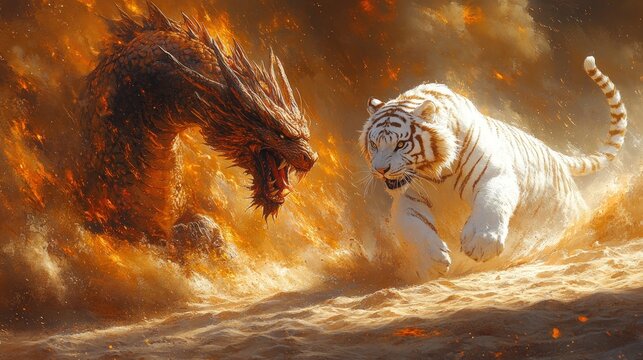 Fiery dragon versus white tiger, epic battle.