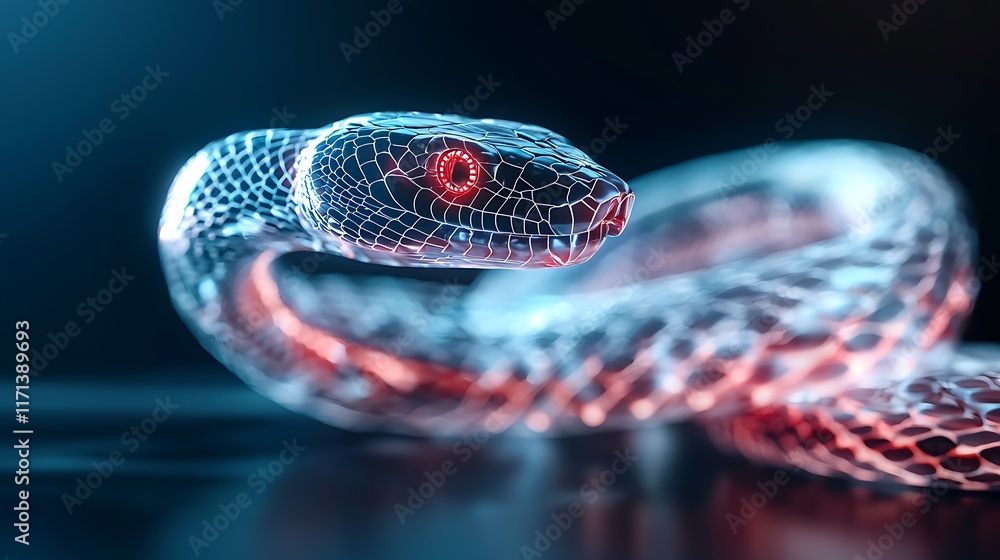 Poster captivating holographic neon snake coils glowing and undulating in a surreal futuristic cyber landsc
