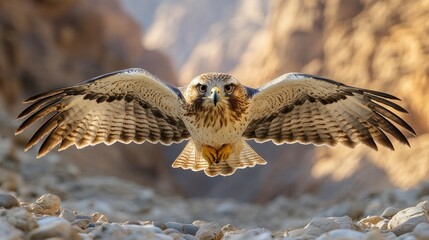 Majestic hawk in flight over rocky terrain.