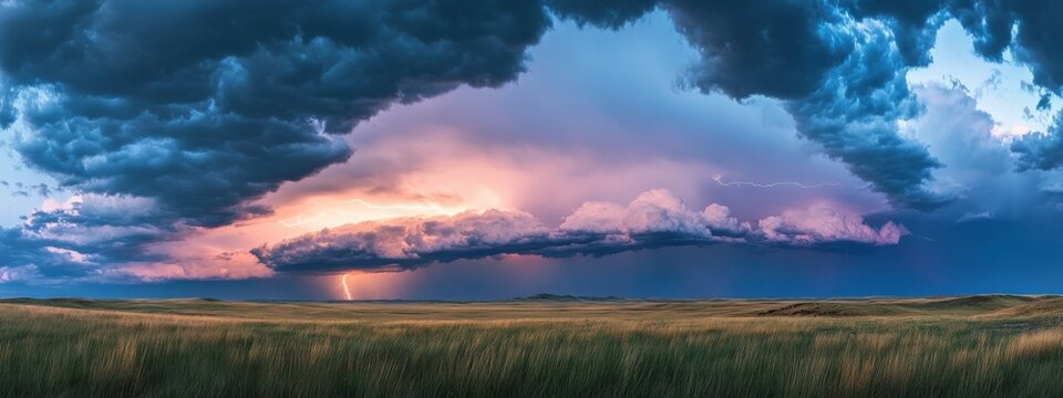 A captivating capture of a thunderstorm rolling over the Great Plains, with lightning illuminating the vast and open landscape, Great Plains storm scene