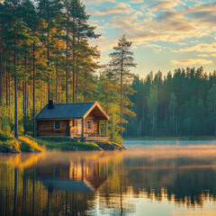 Obraz premium wooden cabin situated by a serene lake, surrounded by tall pine trees. The golden light of sunrise or sunset creates a warm, peaceful atmosphere, reflecting beautifully on the water