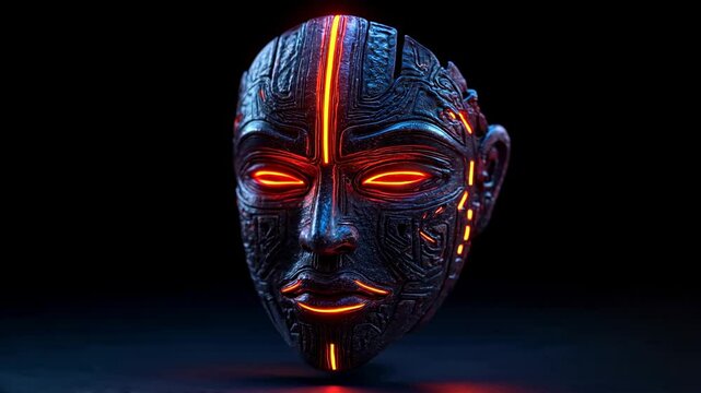 Futuristic mask blends tribal patterns with glowing neon circuits, representing the harmony of cultural heritage and technological innovation