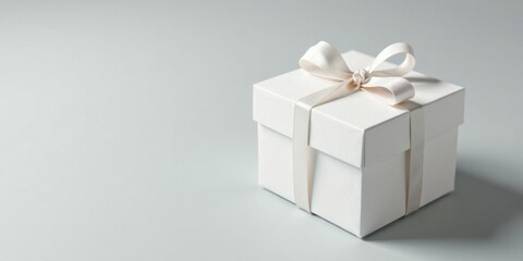 A pristine white gift box adorned with a delicate cream ribbon, a perfect symbol of thoughtful presentation