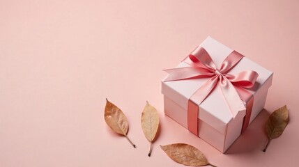 A delicately wrapped pink gift box rests on a pale pink background, adorned with dried autumn leaves