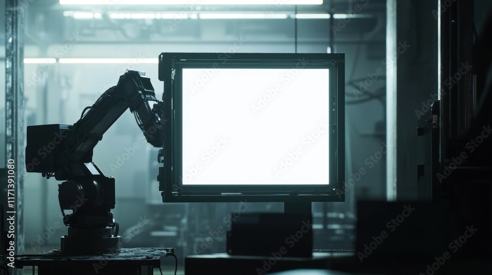 Poster robotic arm interacting with a blank screen in a factory setting