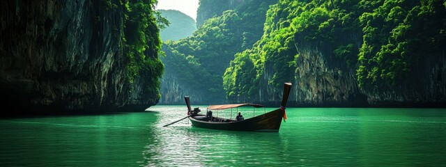 A captivating image of the emerald green waters and towering limestone cliffs of Phang Nga Bay in Thailand, with traditional long-tail boats navigating the serene waters, Phang Nga Bay scene