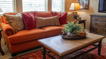 A cozy living room with a warm, inviting sofa, soft pillows, and a coffee table.