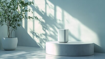Here's a description and keywords suitable for a stock photo site.. Minimalist white speaker on pedestal, sunlit room.