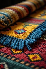 Fototapeta premium Colorful woven rugs, intricate patterns, textured fringe.