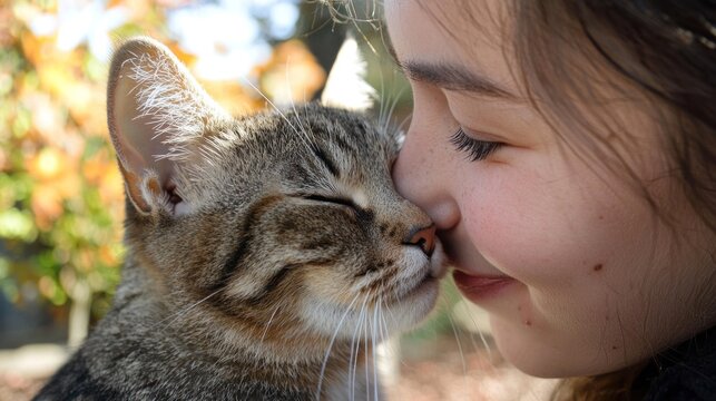 A cat rubbing its head against a person's cheek, showing mutual affection.