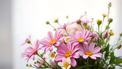 Pink daisies and yellow flowers in a bouquet