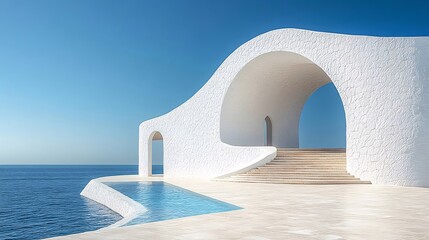 Modern white architecture by ocean, pool, steps, arch.