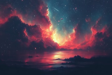 Fototapeta premium Fiery sunset over a surreal, cloud-filled ocean under a starry sky with shooting stars and floating objects.