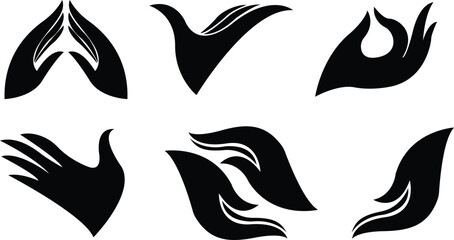 Hand drawn boho set of elegant female hands icons in silhouette isolated on white background, Collection of different hand gestures,Design for slim soft hands